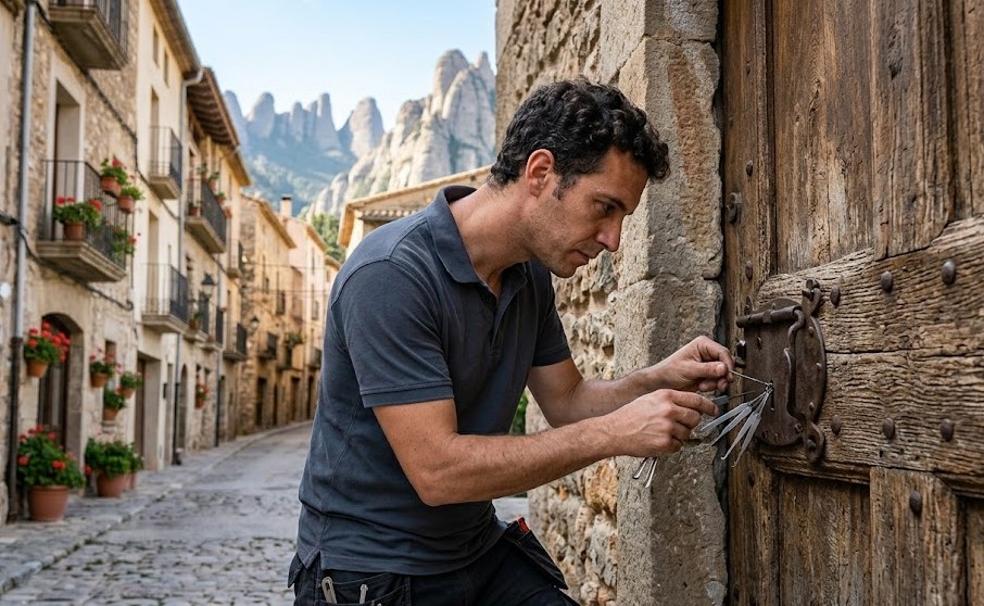 Cerrajero reparando cerradura rústica en masía de Monistrol